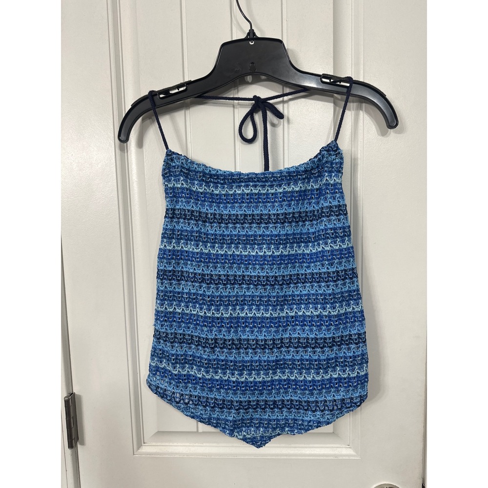 Y2K Jalate Blue Striped Knit Halter Top Handkerchief Hem Backless Festival Boho
